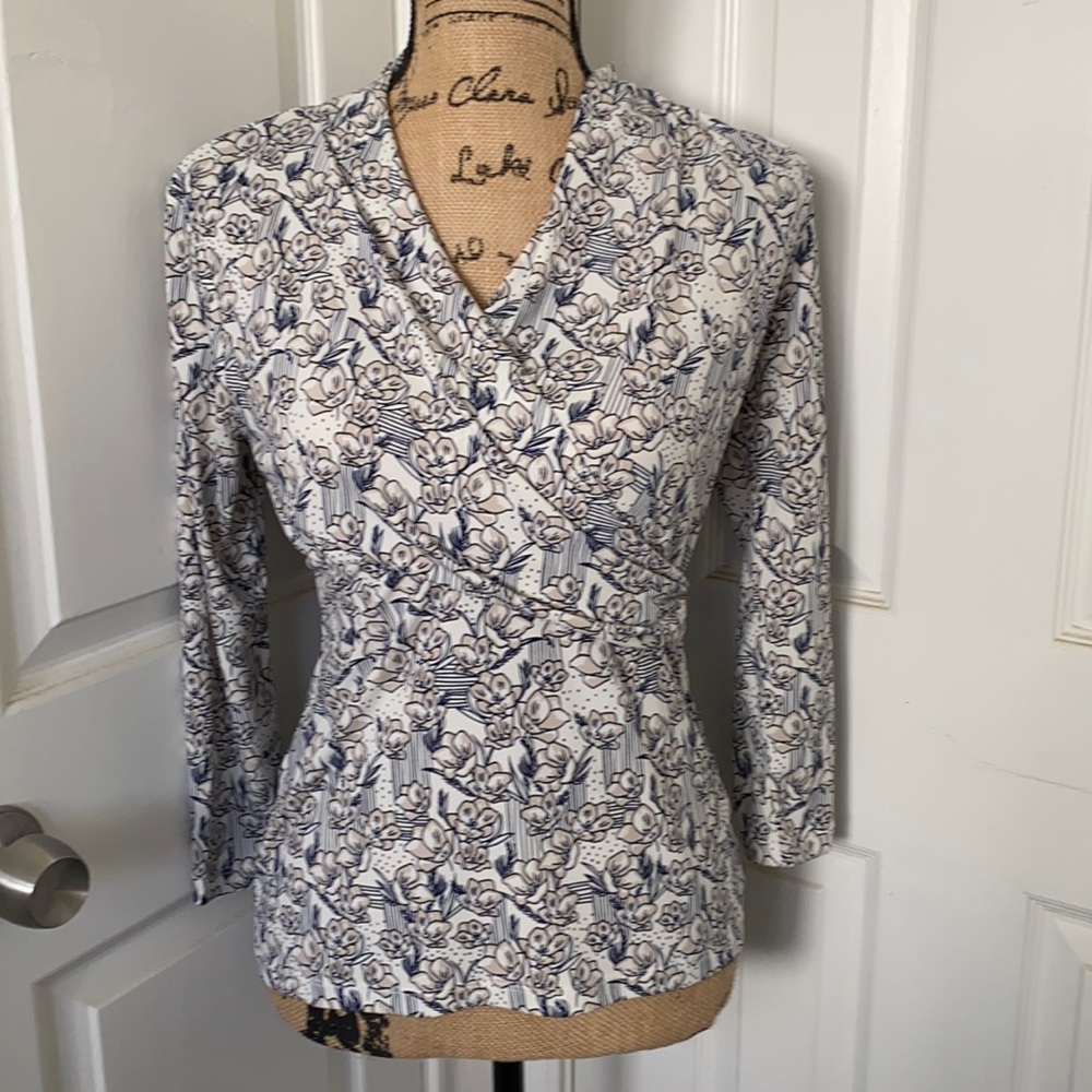 Beige and Navy Floral 3/4-Sleeve Faux Wrap Top